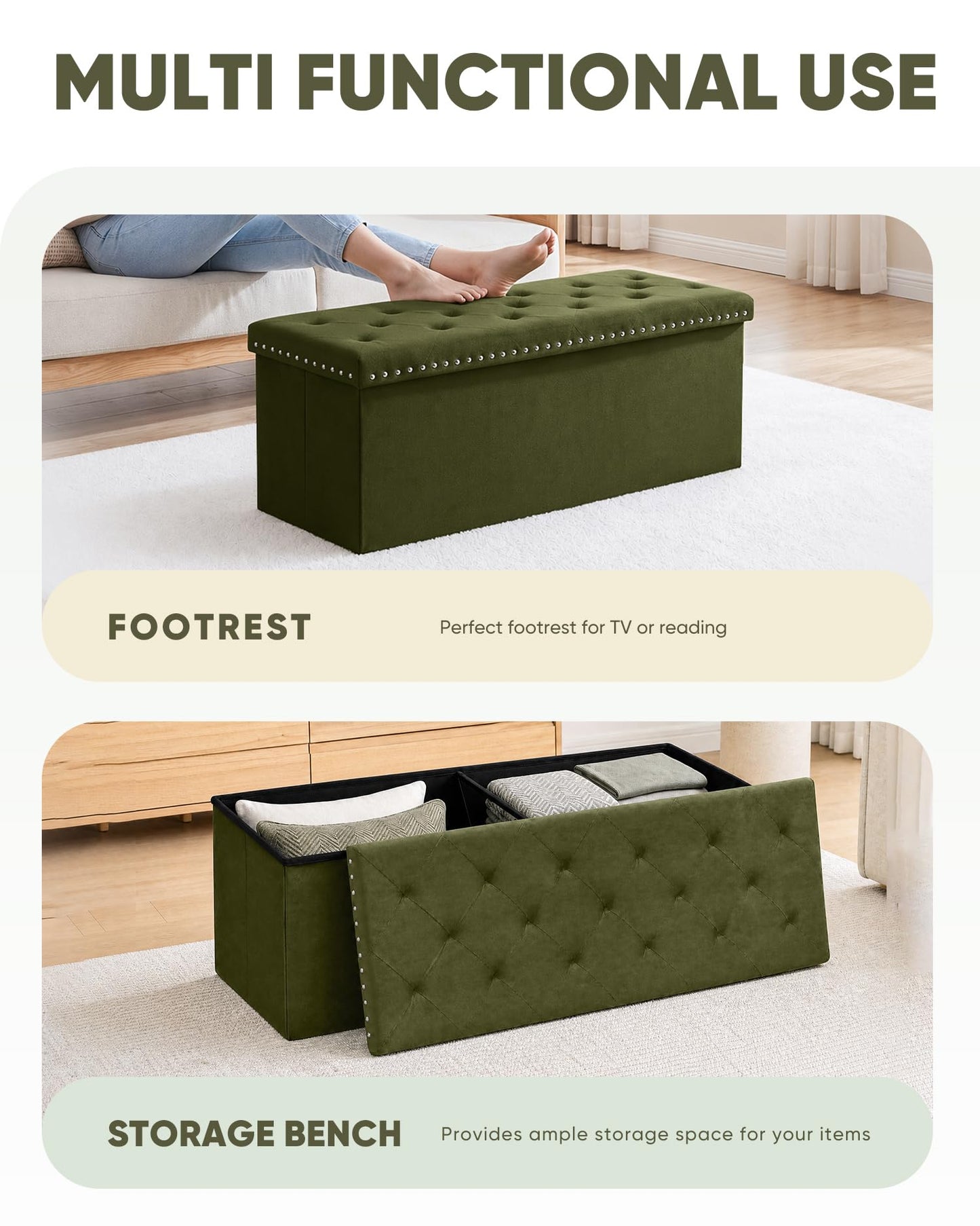 Bonlife Velvet Storage Ottoman, Folding Footstool Space-Saving Bench,110cm