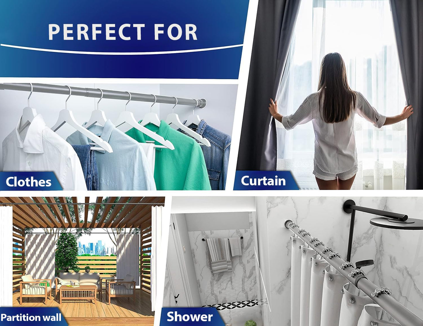 MEISENBERG Shower Curtain Pole Gray, Tension Rods for Curtains 210-260 cm - Ø 32 mm Diameter, Telescopic Shower Rail - for Living Room