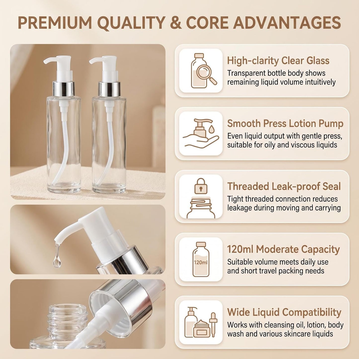 2Pcs 120ML/4OZ Clear Glass Pump Bottles Refillable Liquid Hand Soap Bottle Make Up Cosmetic Dispenser for Shampoo Lotion Home Decor Accessories