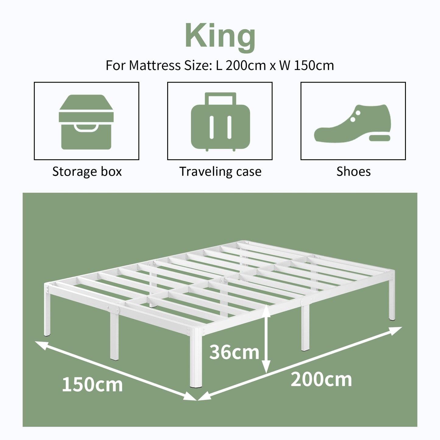 Lutown-Teen White King Size Bed Frame 5ft with Rounded Corner Legs, Heavy Duty Metal King Size Bed, King Size Bed 36 cm High, Noise Free, Easy
