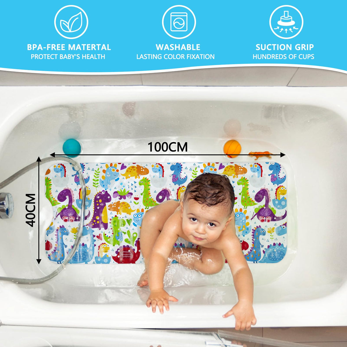Capslpad Bathtub Mat Non Slip Anti Mould 40x100 cm Cartoon Dinosaurs Bath Mats Extra Large Soft Bath Seat Mat with Suction Cups & Drain Holes Machine