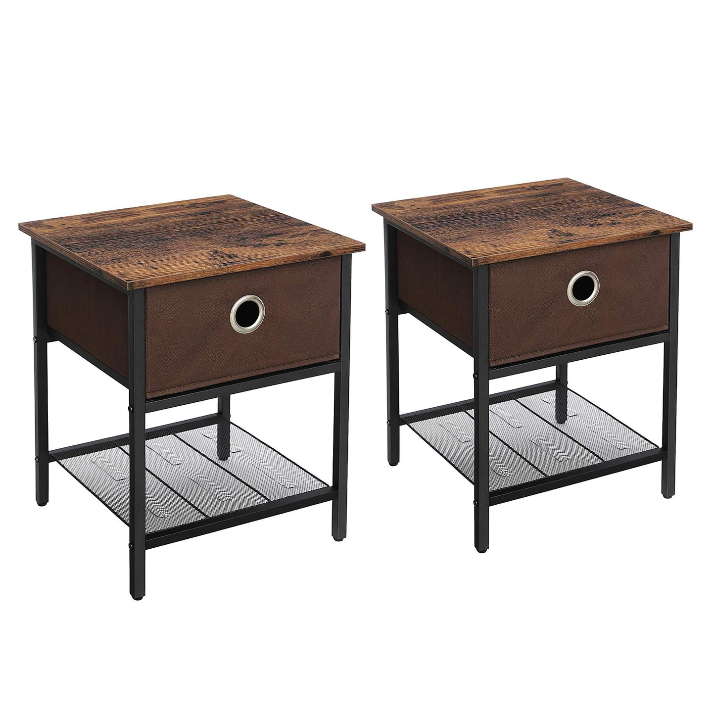 VASAGLE End Tables, Set of 2 Side Tables and Nightstands with Fabric Drawer, Heavy-Duty Steel Frame, Living Room Bedroom, Simple Assembly, Rustic