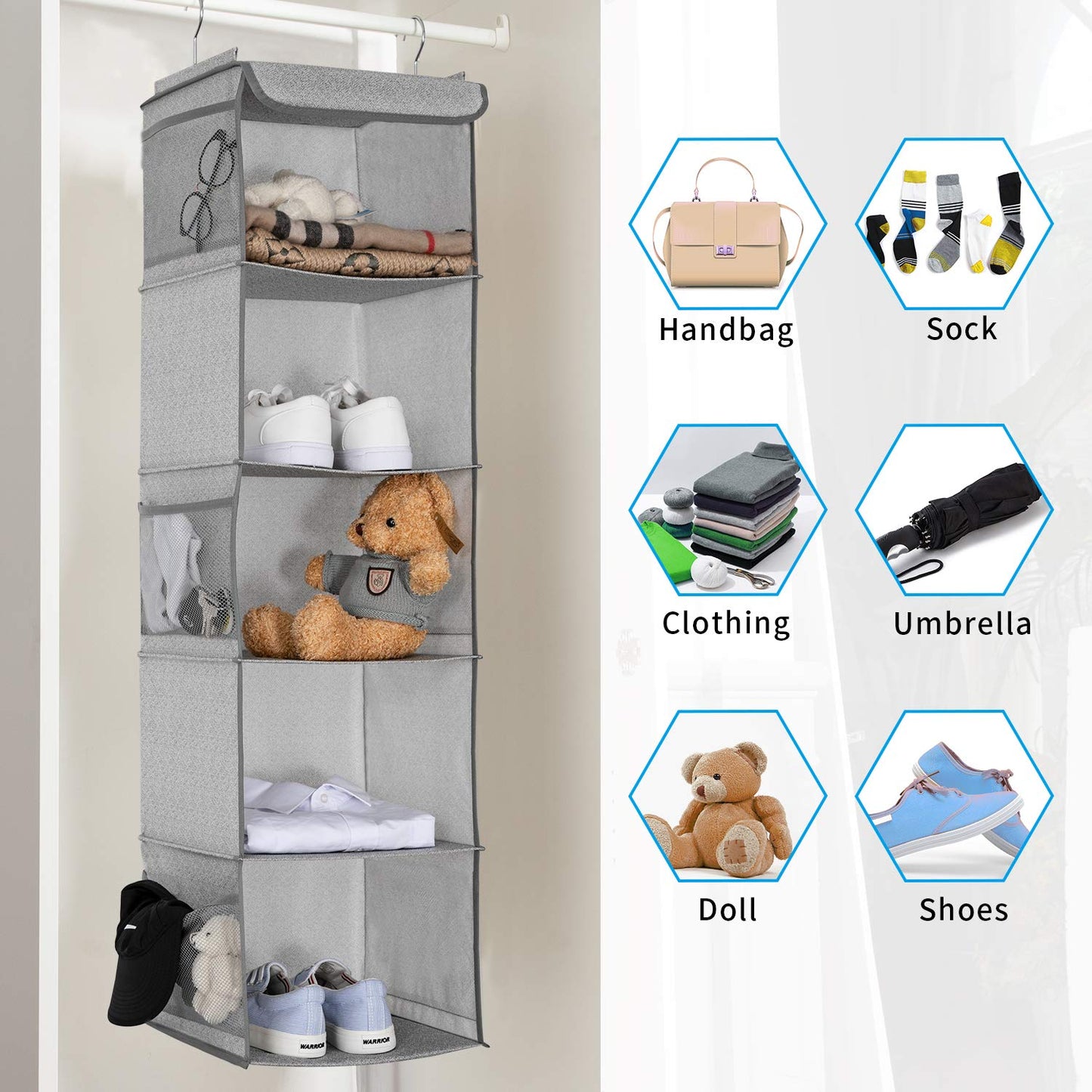 BrilliantJo Hanging Wardrobe Closet Storage with 5 Shelves Organiser, Storage Shelves Unit with 6 Pockets for Clothes - Light Grey(30 x 30 x 108cm)