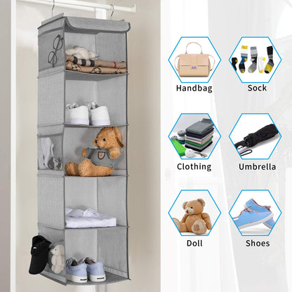 BrilliantJo Hanging Wardrobe Closet Storage with 5 Shelves Organiser, Storage Shelves Unit with 6 Pockets for Clothes - Light Grey30 x 30 x 108cm