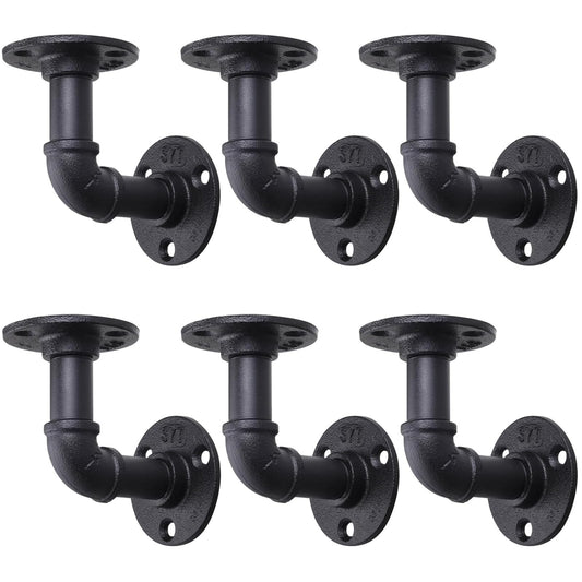 6 Pack Industrial Pipe Shelf Brackets, Black Floating Pipe Brackets with Screws, Heavy Duty Wall Mounted Pipe Shelves for Home Scaffold Board -