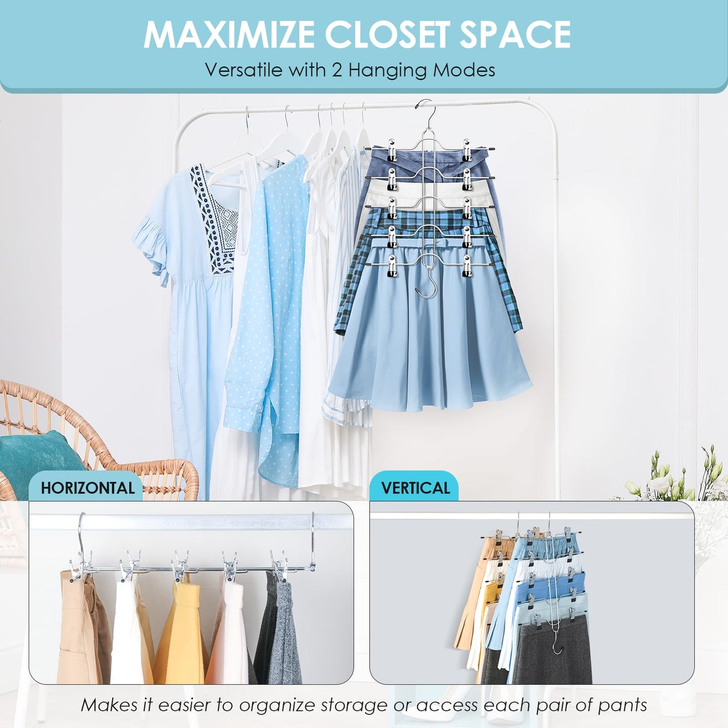 Skirt Hangers with Clips for Woman, 5 Tier Pants Skirt Hangers, 2 Pack