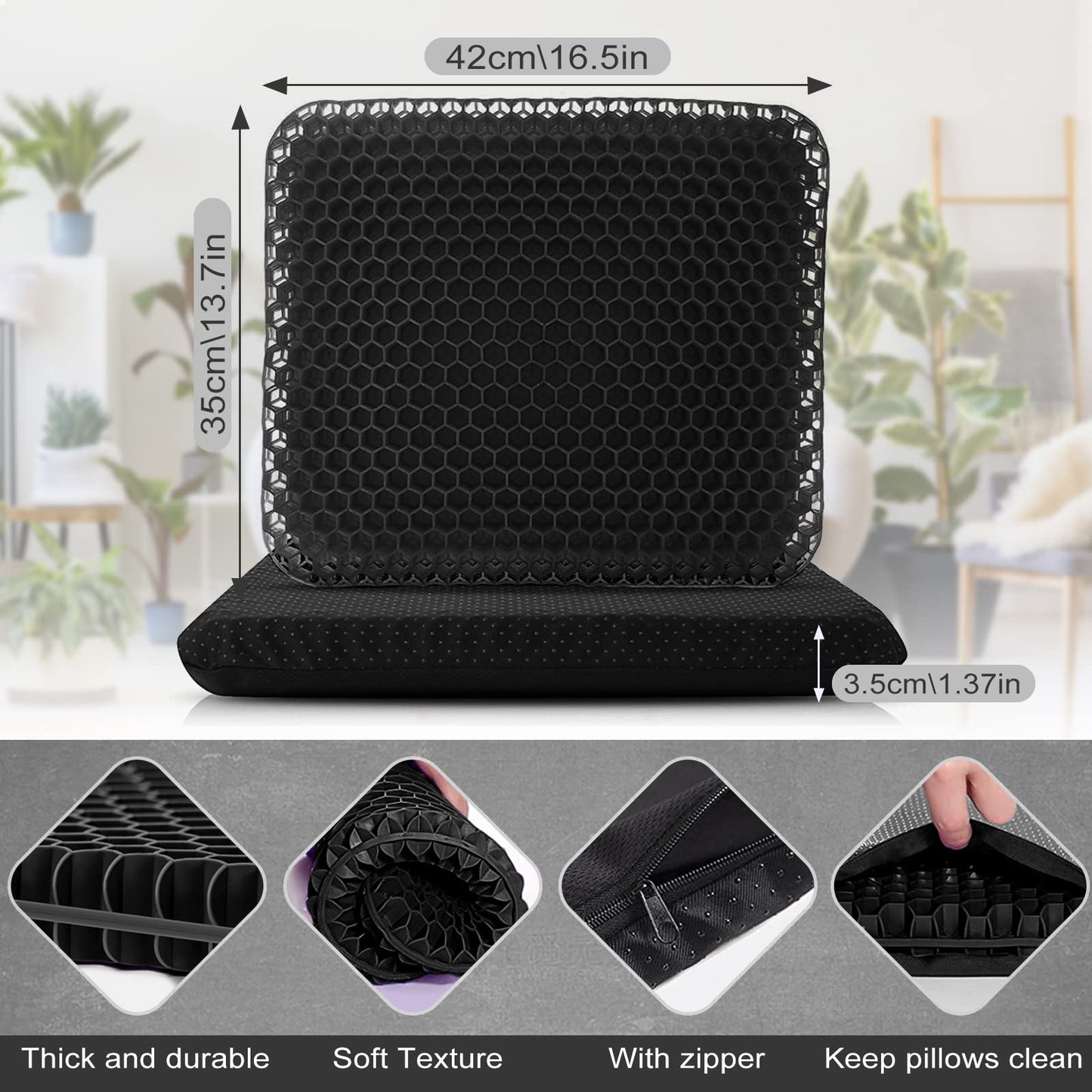 Gel Seat Cushion, Double Thick Breathable Seat Cushion Cool Gel Cushion Honeycomb Design,Breathable Lumbar Cushion With Non-Slip,Pressure Pain relief