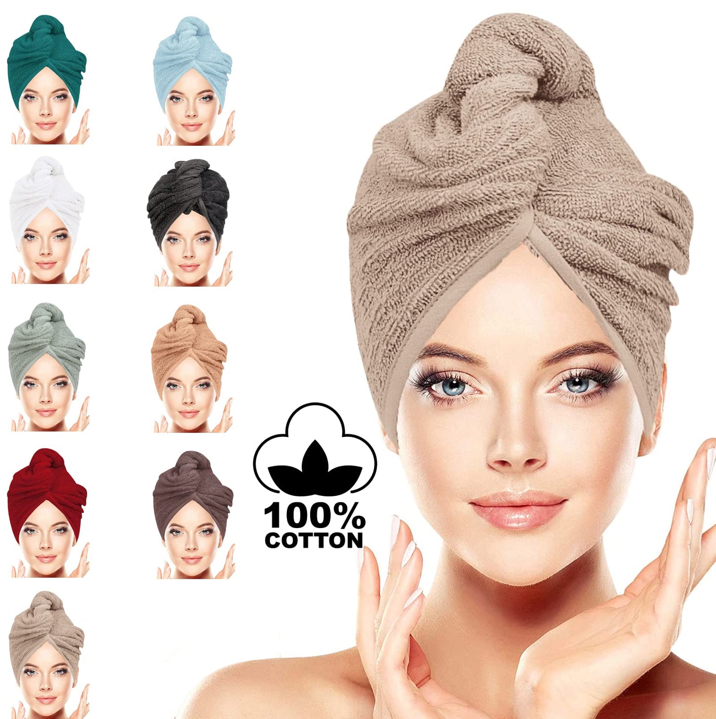 BAVIN LUXURY Hair Towel Wrap 100% Cotton, Instant Drying Lightweight Turban Hair Cap Super Quick Absorbent Anti-Frizz Twist Dry Hat with Button Loop