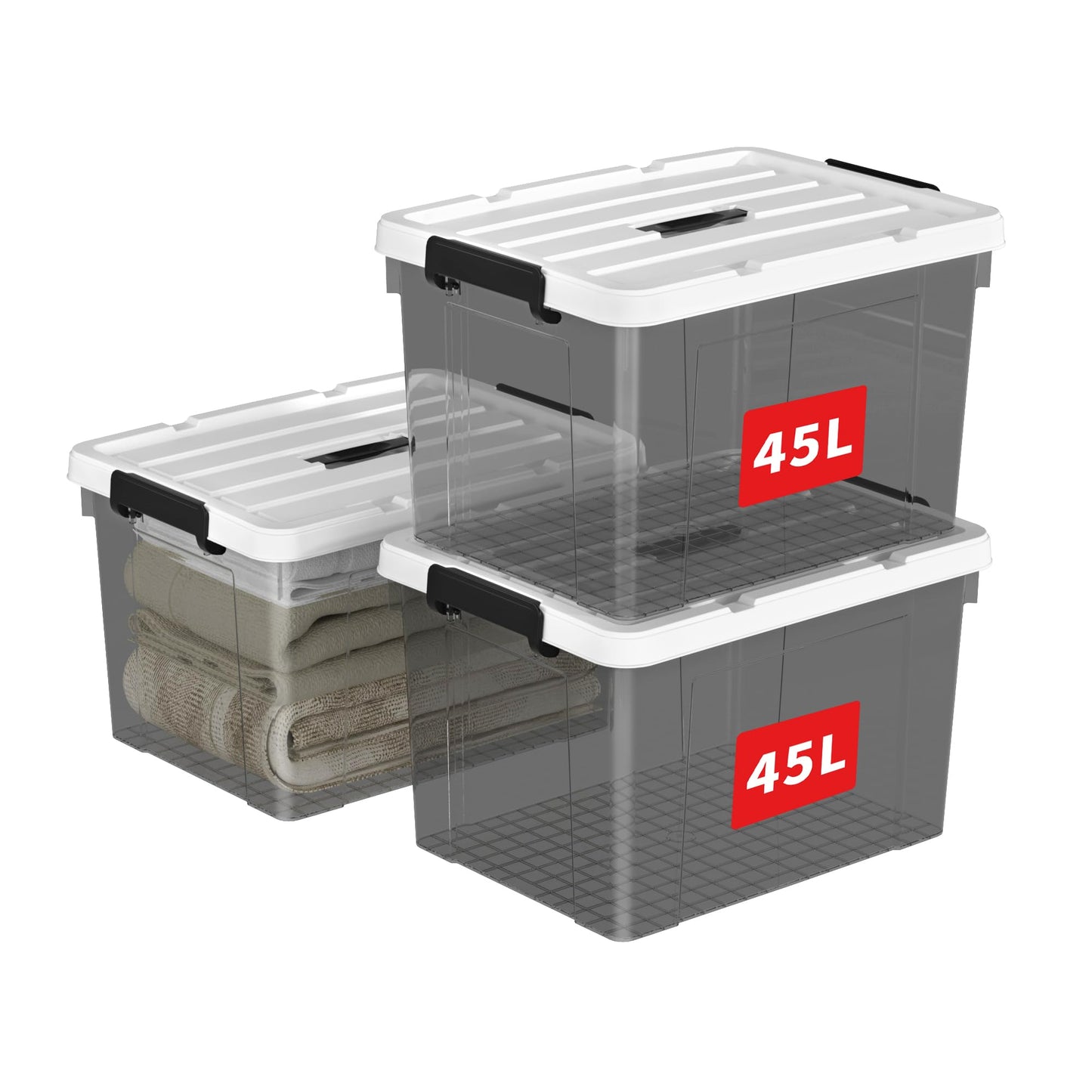 Cetomo 45L*3 Storage Boxes, Carry Plastic Storage Box with Lids, Organizing Container with Handle and Secure Latching Buckles, Stackable, Nestable