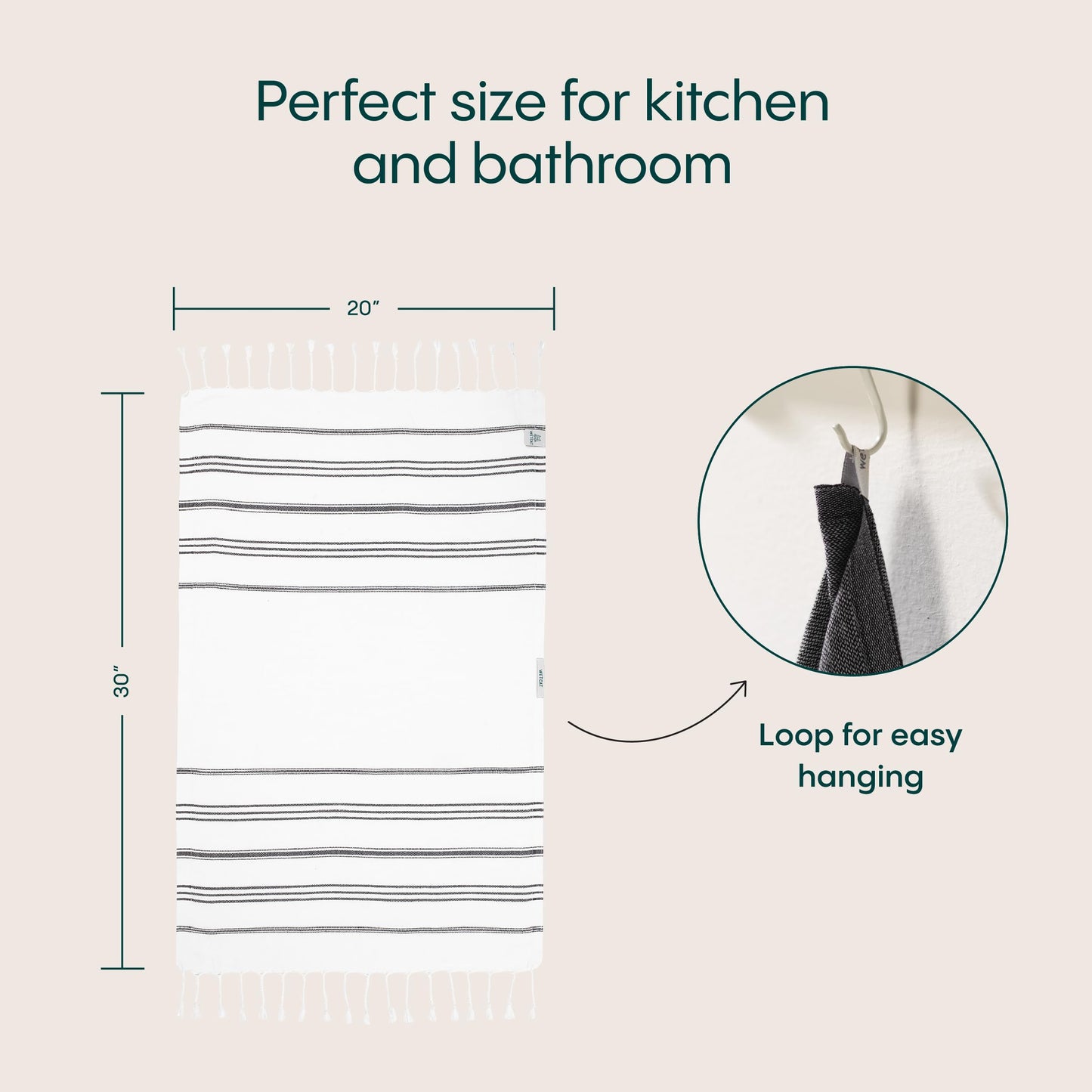 WETCAT Turkish Hand Towels with Hanging Loop, Set of 2 (20" x 30") 100% Turkish Cotton, Pre-Washed, Quick Drying, for Kitchen or Bathroom