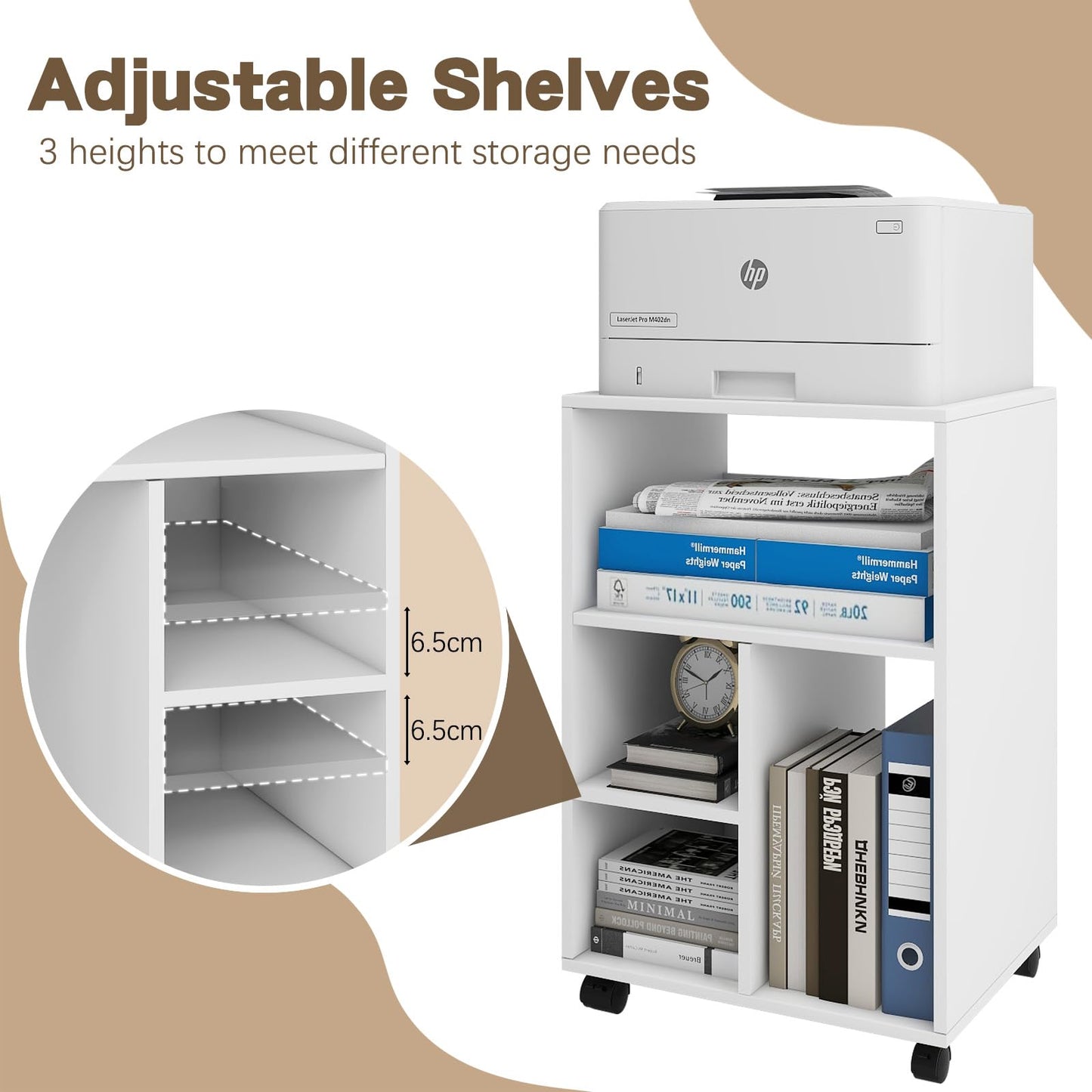 PUNCIA 50x40x75cm Mobile Filing Cabinet with 4 Open Compartments White