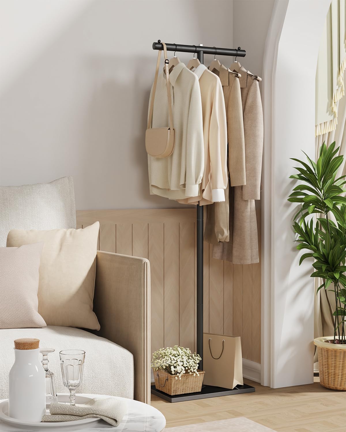 GUOHNHE T-shaped Coat Rack Freestanding, Metal Hanger, Black, 175 cm High