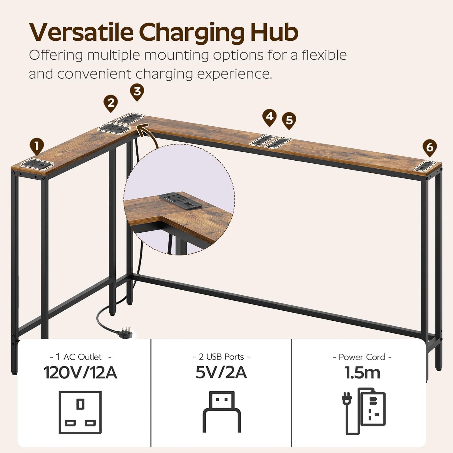 YATINEY Slim Console Table, 200 cm Narrow Sofa Table with Power Outlets, Behind Entryway Table, 3 Assembly Options, for Entryway
