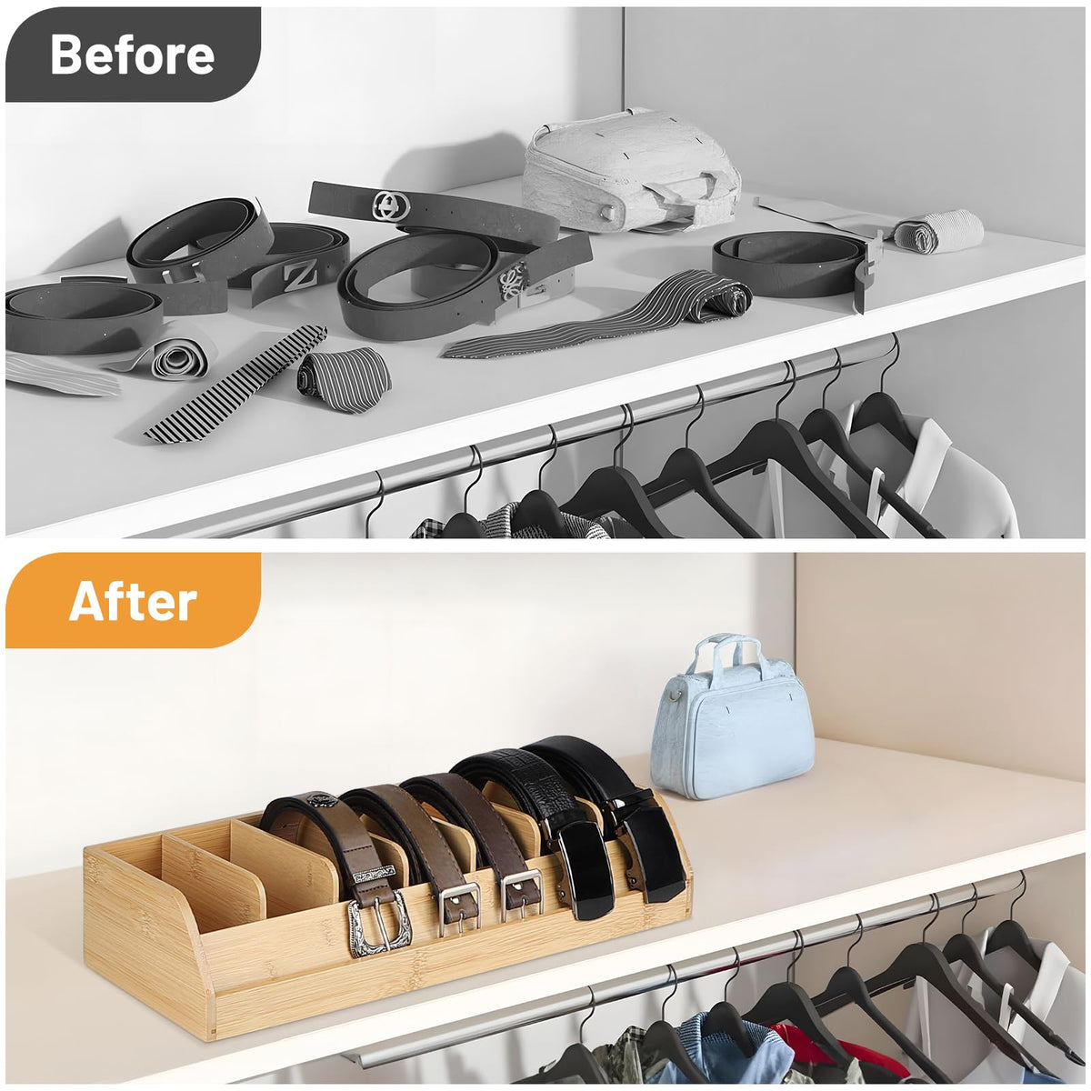 DBREAKS Belt Storage, 7 Compartments Belt Storage Box, Bamboo Colour