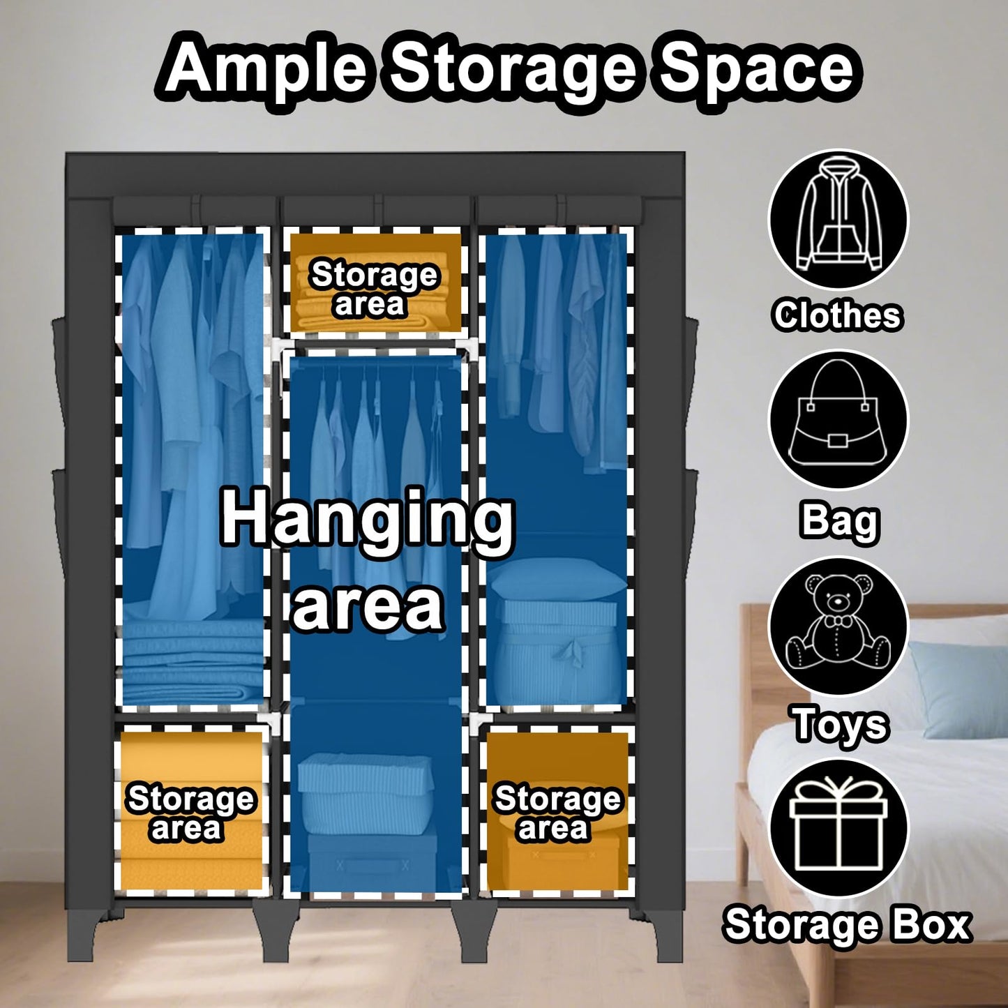 OPPAIYA Canvas Wardrobe, Portable Wardrobe With 3 Hanging Rails, 6 Shelves and 8 Side Bags, 165 * 45 * 125cm Temporary Storage Closet