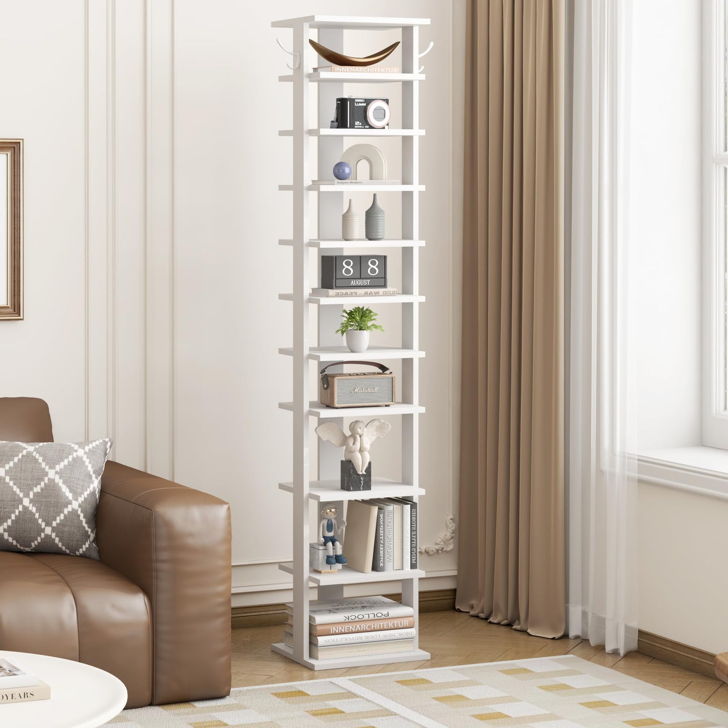 HOME BI 11-Tier Vertical Shoe Rack, Corner Shoe Tower, Slim Shoe Organizer with Two Hanging Hooks, Wooden Shoe Storage Stand for Entryway, Hallway