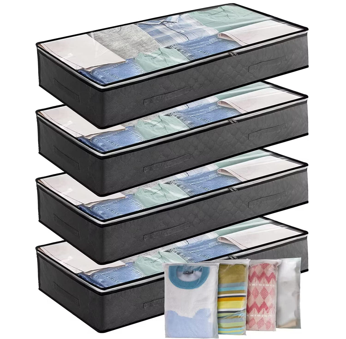 Cleaneaty Underbed Storage Box 4Pack 90L Large Under Bed Storage Bag with 4 x Large Zip lock Bags - Under bed Storage Box with PVC Window for Clothes