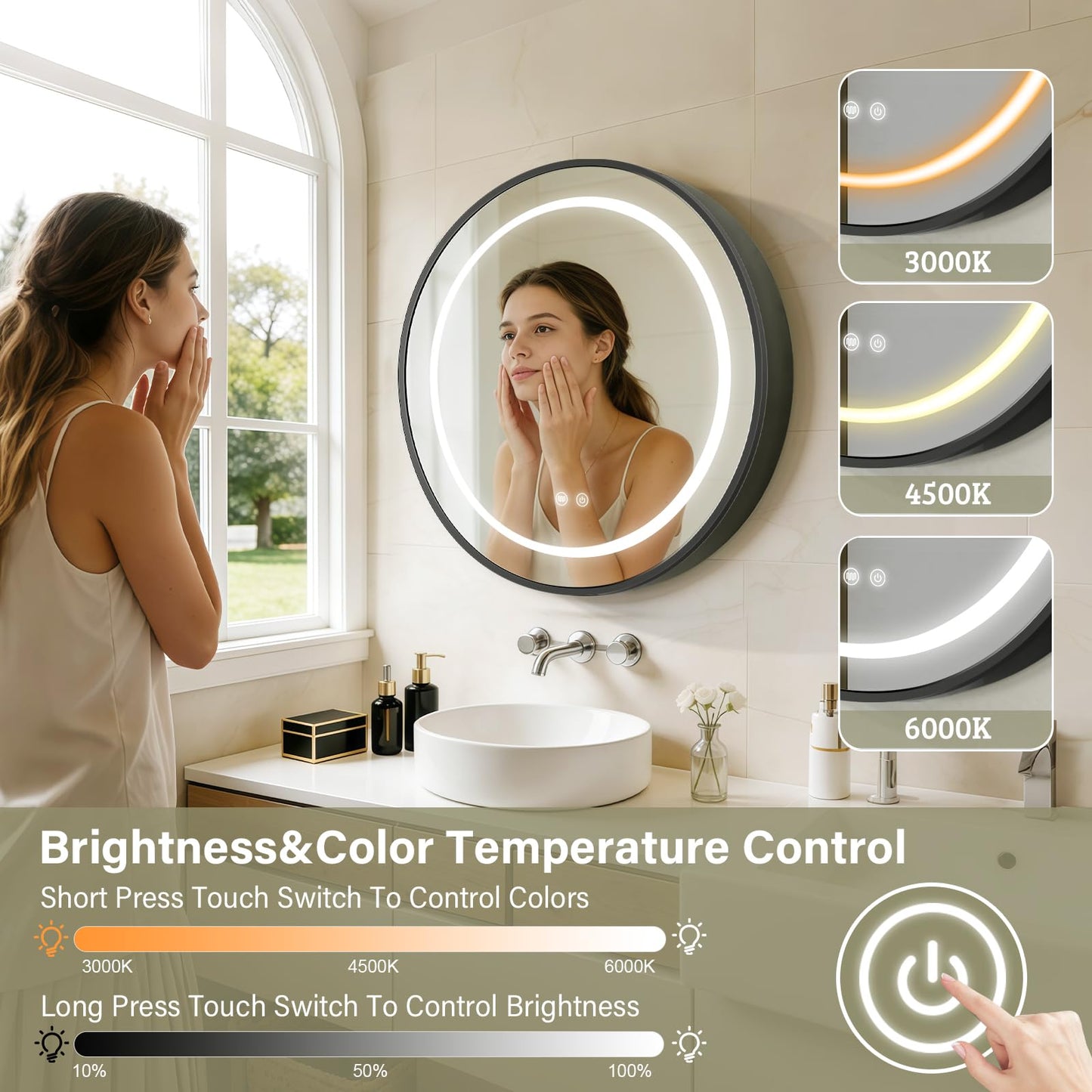 KAASUNES Round Mirror Cabinet with Light,Aluminum Framed,3 Colors Temperature&Dimmer,USB Shaver Socket,Defogger,61cm,black