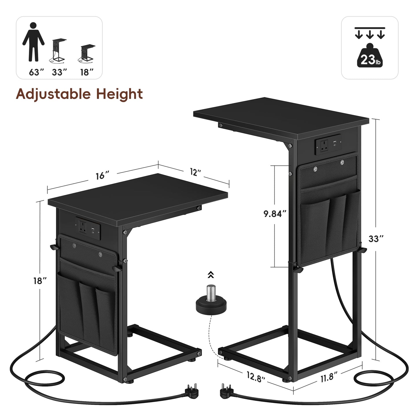 Vagusicc C-Shaped Side Table with Charging Station, Height Adjustable Sofa Side Table, Bedside Table, End Table for Small Spaces