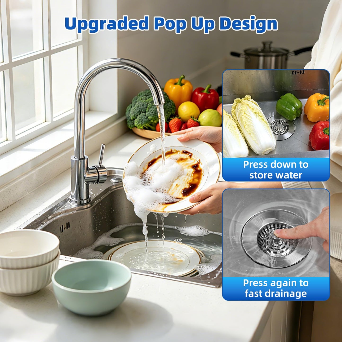 Hibbent 2 Set 3-in-1 Kitchen Sink Strainer Plug, Brushed Nickel