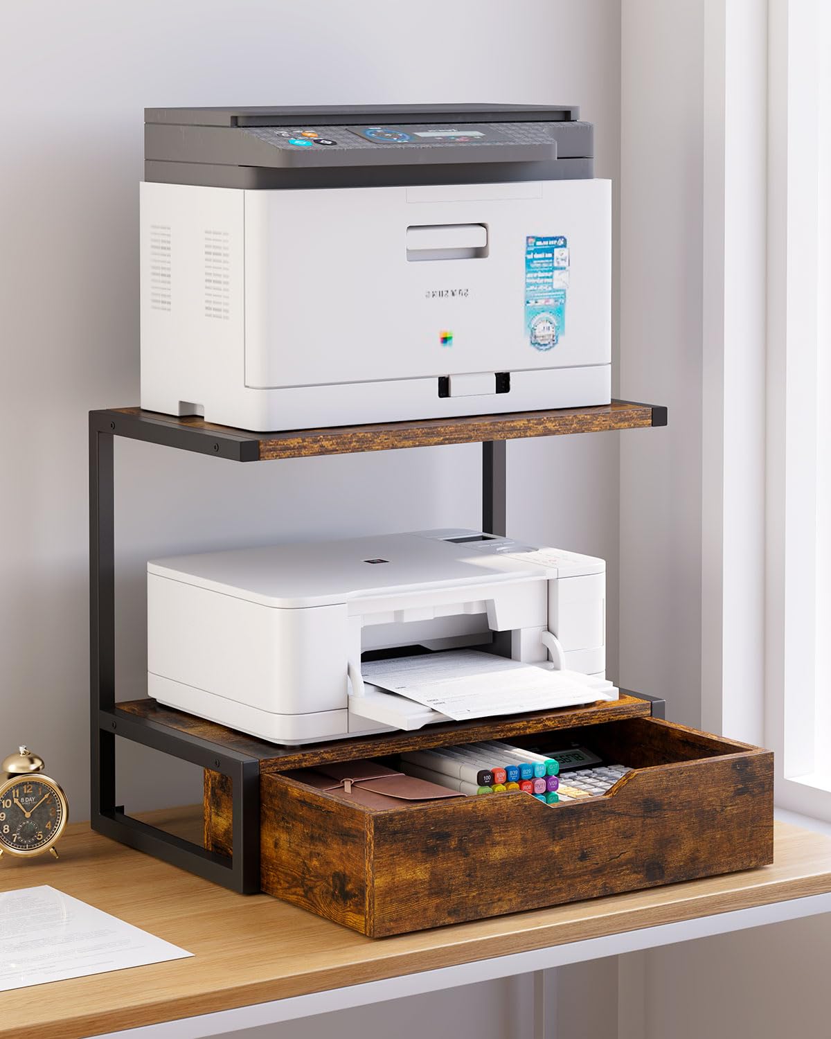 IBUYKE 2 Tier Desktop Printer Stand,Printer Table with Storage Shelf,Multi-Purpose Desk Organizer for Folders,Books,for Fax Machine