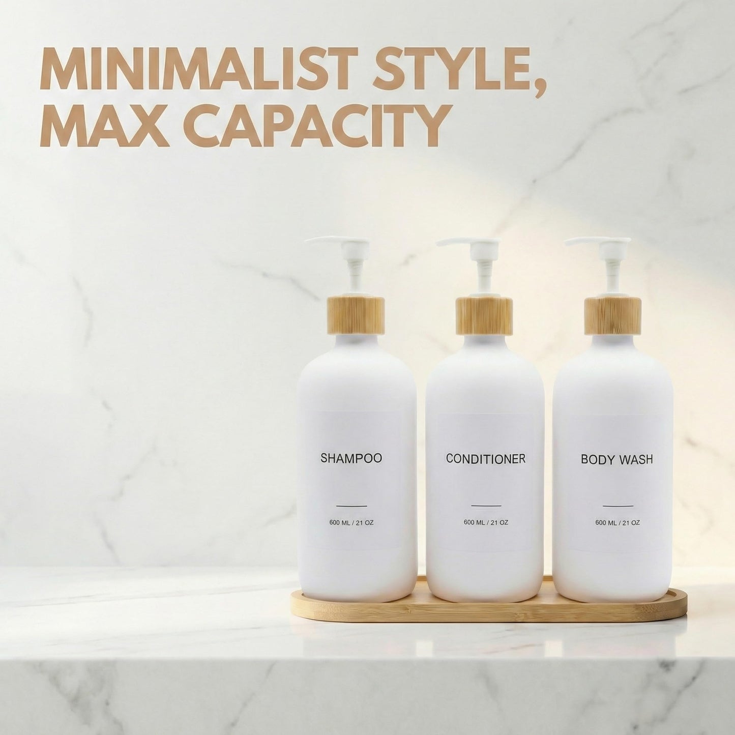 Shampoo and Conditioner Dispenser Set - 3 Pack 600ml/21oz Refillable PET Shower Bottles with Plastic Pump, Bamboo Tray, Funnel & Labels