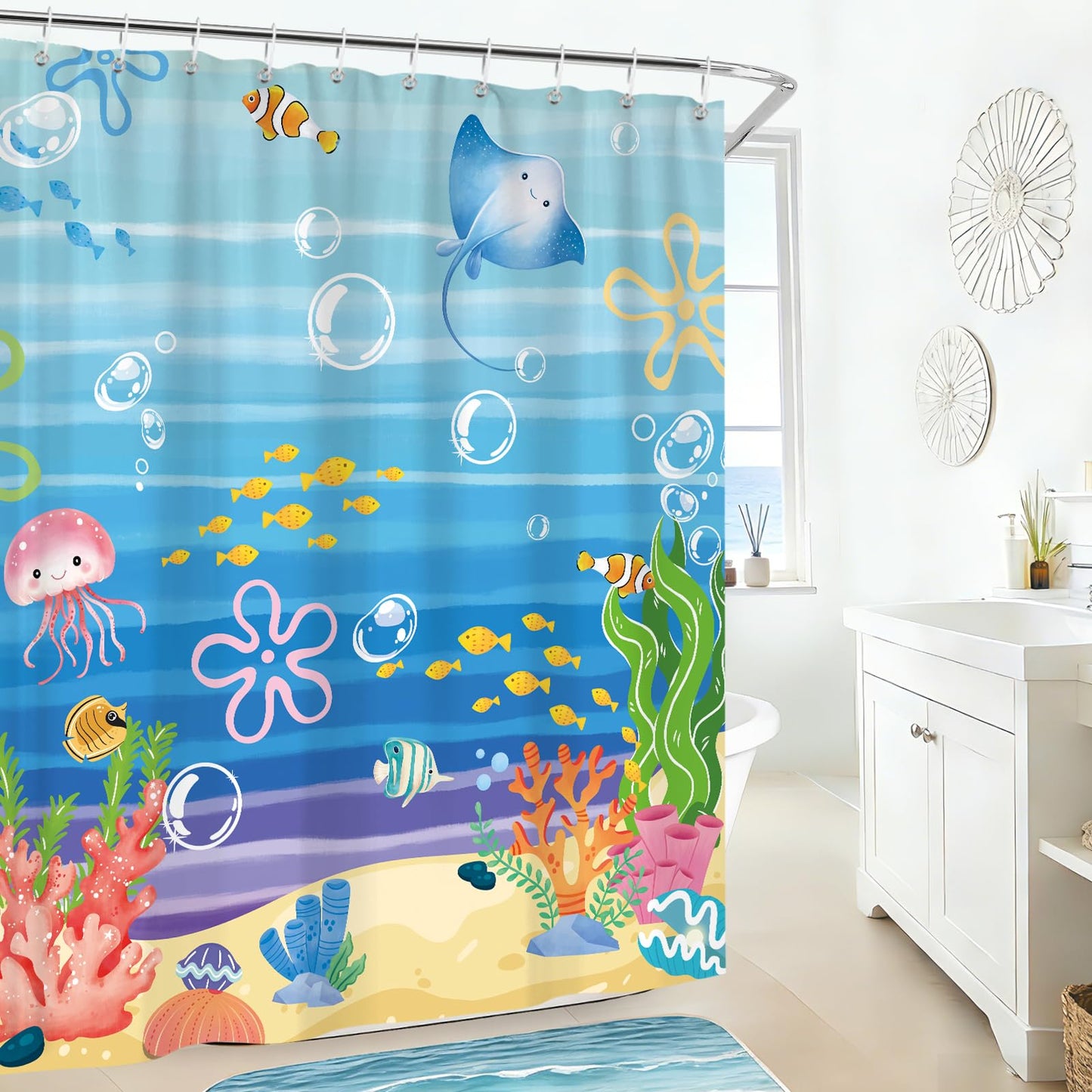 hometrixx Kids Beach Ocean Jellyfish Coral Fish Shower Curtain 72X72Inch