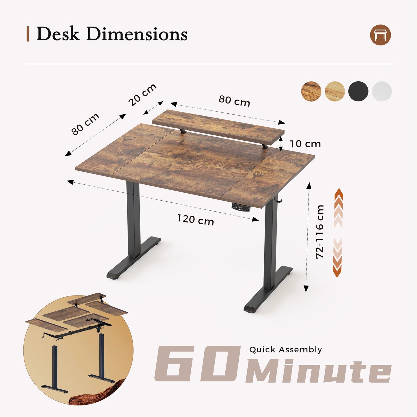 Klicelor Eletric Height Adjustable Desk, Movable Monitorstand, 120x80cm