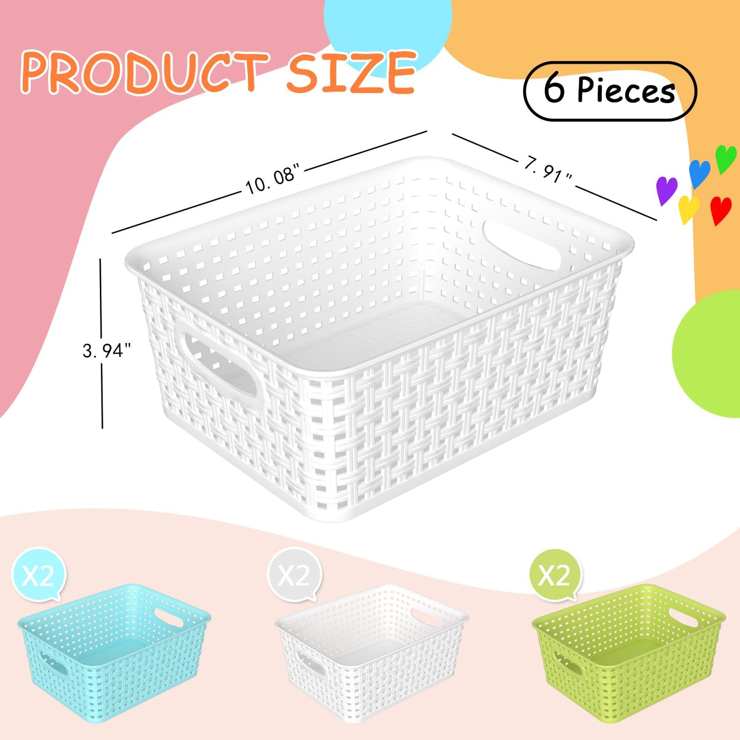 Xyskin 6-Pack Plastic Small Storage Basket Set, Colorful