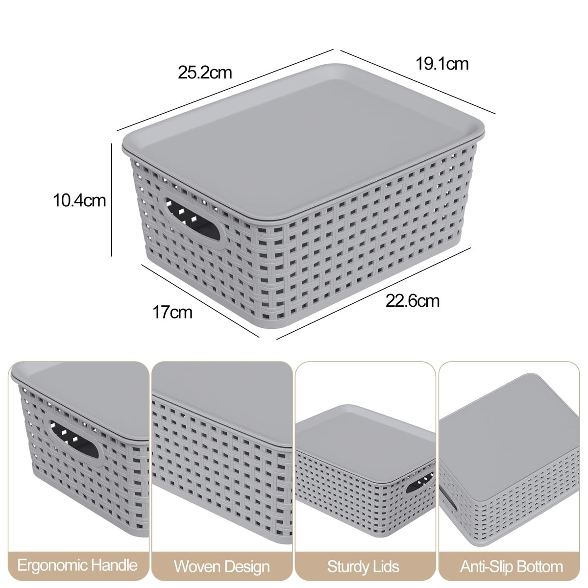 Ysmiltion Plastic Storage Baskets with Lid and Handle, 6 Pack, Light Gray