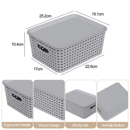 Ysmiltion Plastic Storage Baskets with Lid and Handle, 6 Pack, Light Gray