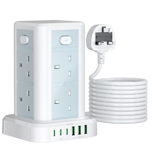 Tower Extension Cord 6M with USB C Slots, Toomke 8 Way Extension Sockets with USB 3.8A (3 Type C & 3 USB A Ports), Multi Plug Extension Sockets 13A