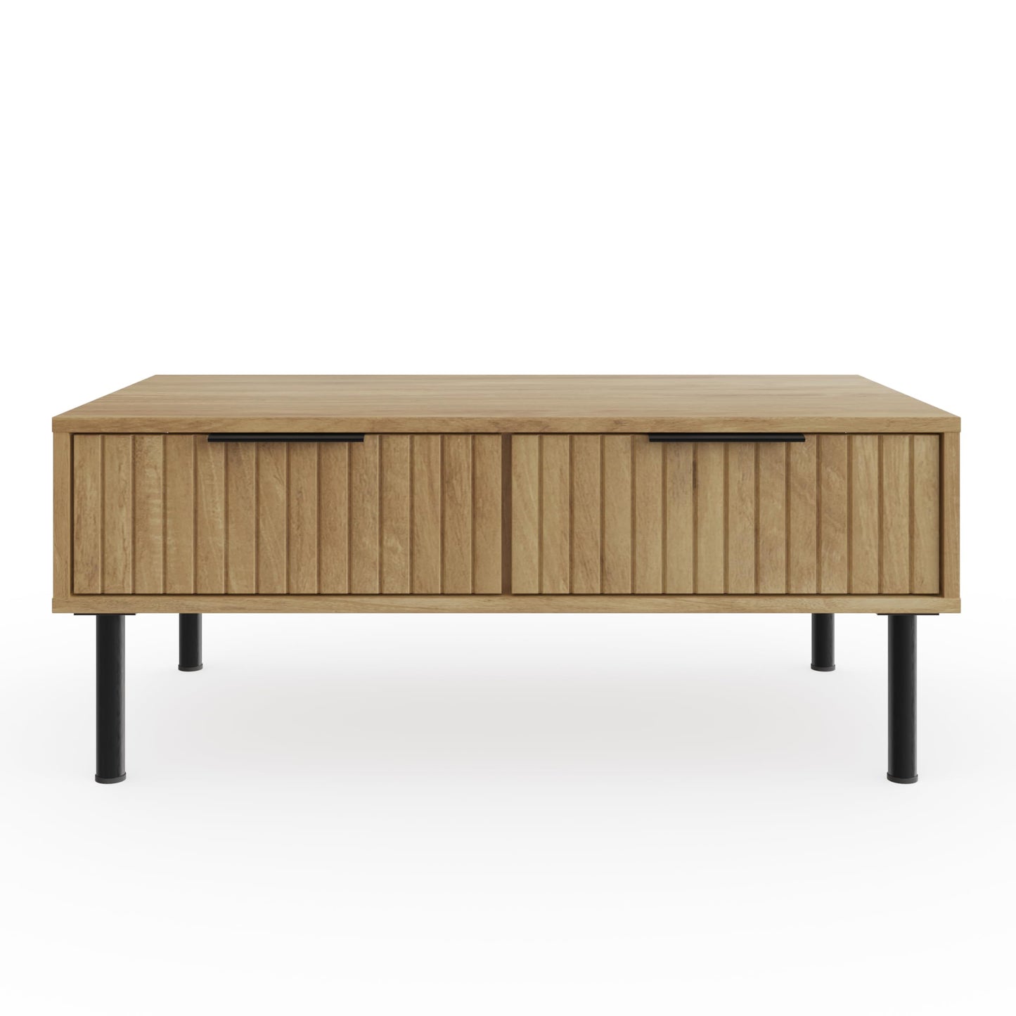 GFW Nervata Coffee Table, Oak Effect Coffee Table with 2 Drawers, Art Deco Style Living Room Table with Gold Accents and Wood Grain Texture