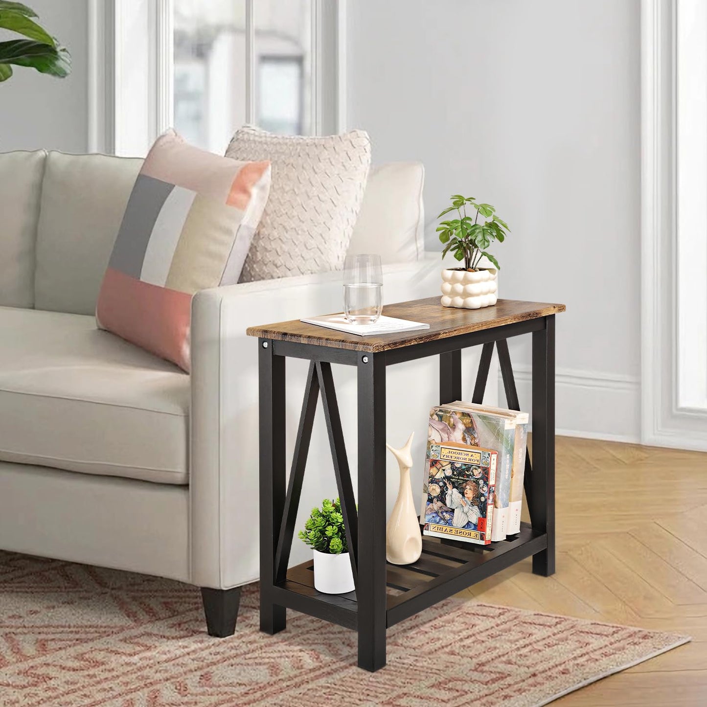 Narrow End table Rectangular Side Tables with Storage Shelf Small Sofa Table Industrial Nightstands Bedside Table for Small Spaces Living Room