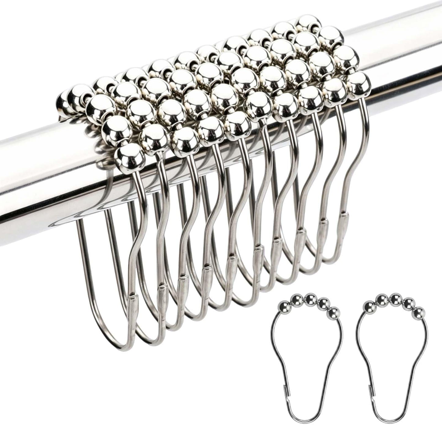 12 Pcs Stainless Steel Shower Curtain Hooks, Rustproof Metal Shower Curtain Rings with Roller Balls
