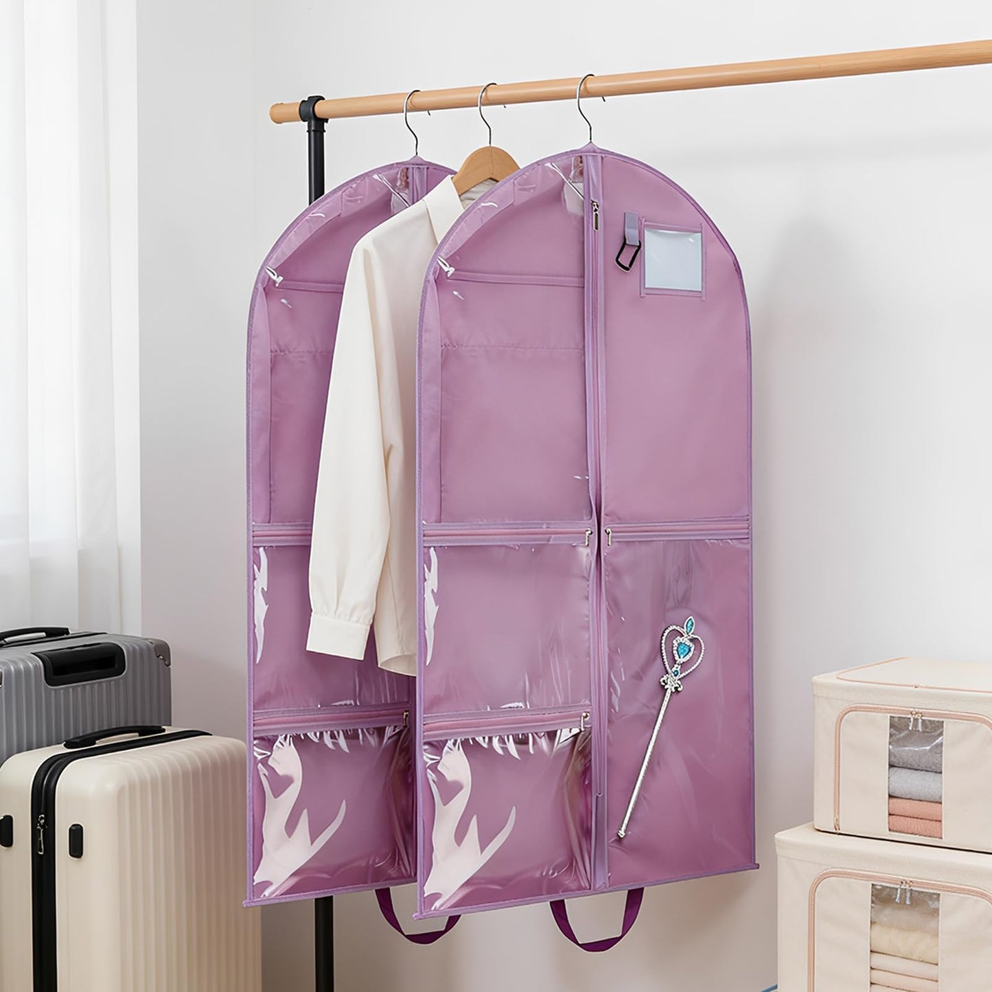 2 Pack 39.37 Inch Dance Costume Bag for Dancers, Hanging Garment Bags with Multiple Pockets, Clear Storage Organizer for Costumes