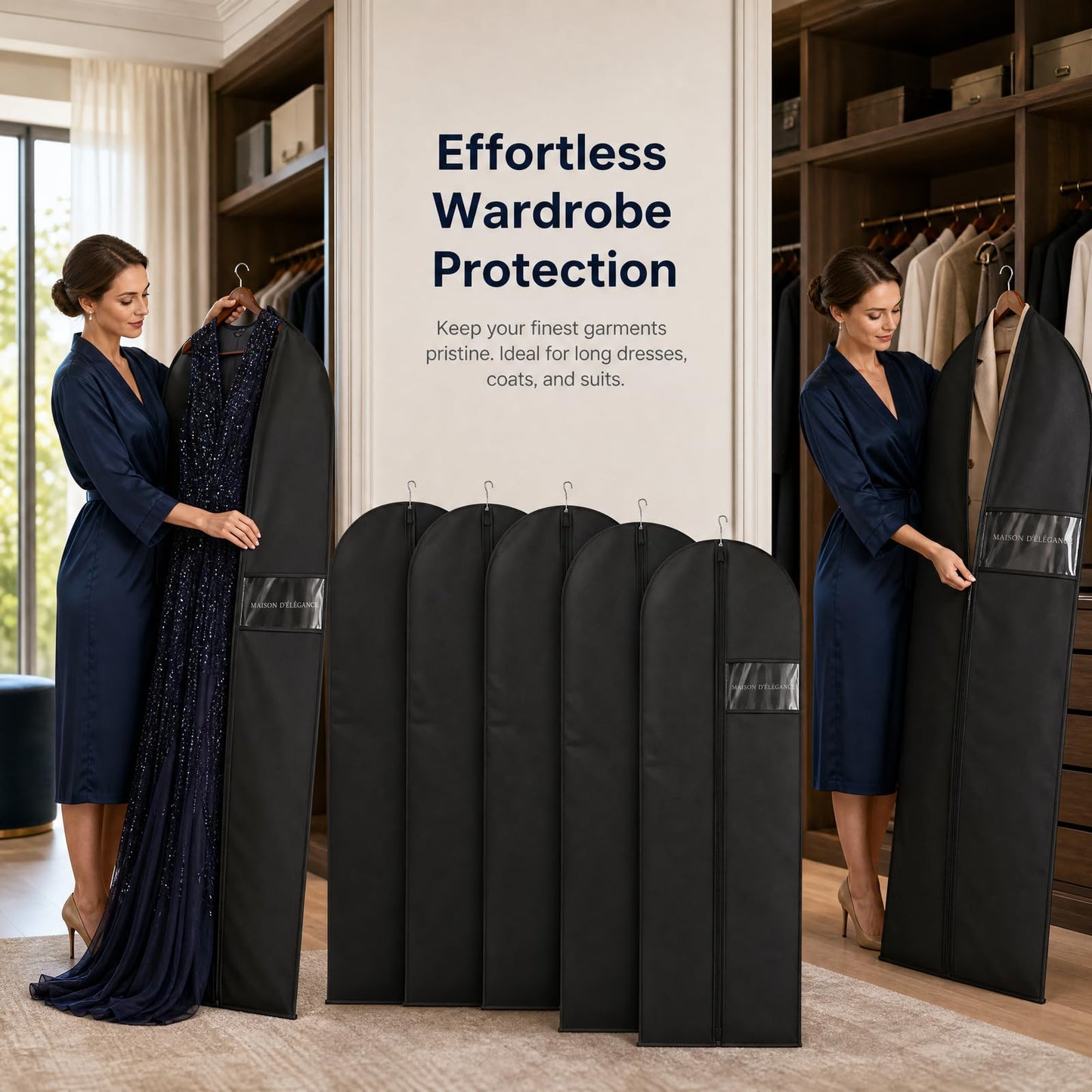 2 Pack Suit Bag and Garment Bags for Long Dress, 140x60cm Black Suit Covers for Men and Women