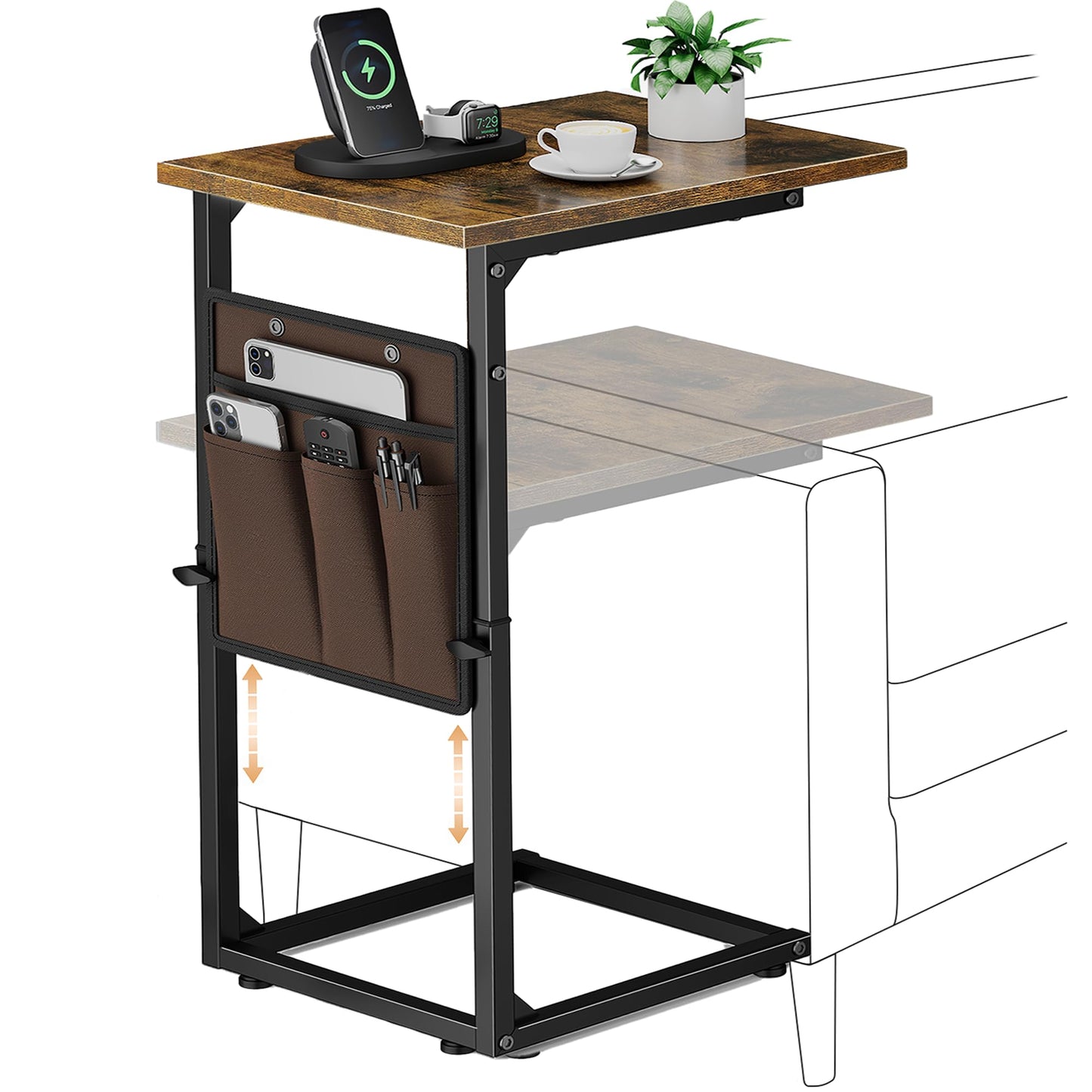 Vagusicc C-Shaped Side Table, Height Adjustable Sofa Side Table, Bedside Table with Cloth Storage Bag, C Tables End Table for Small Spaces