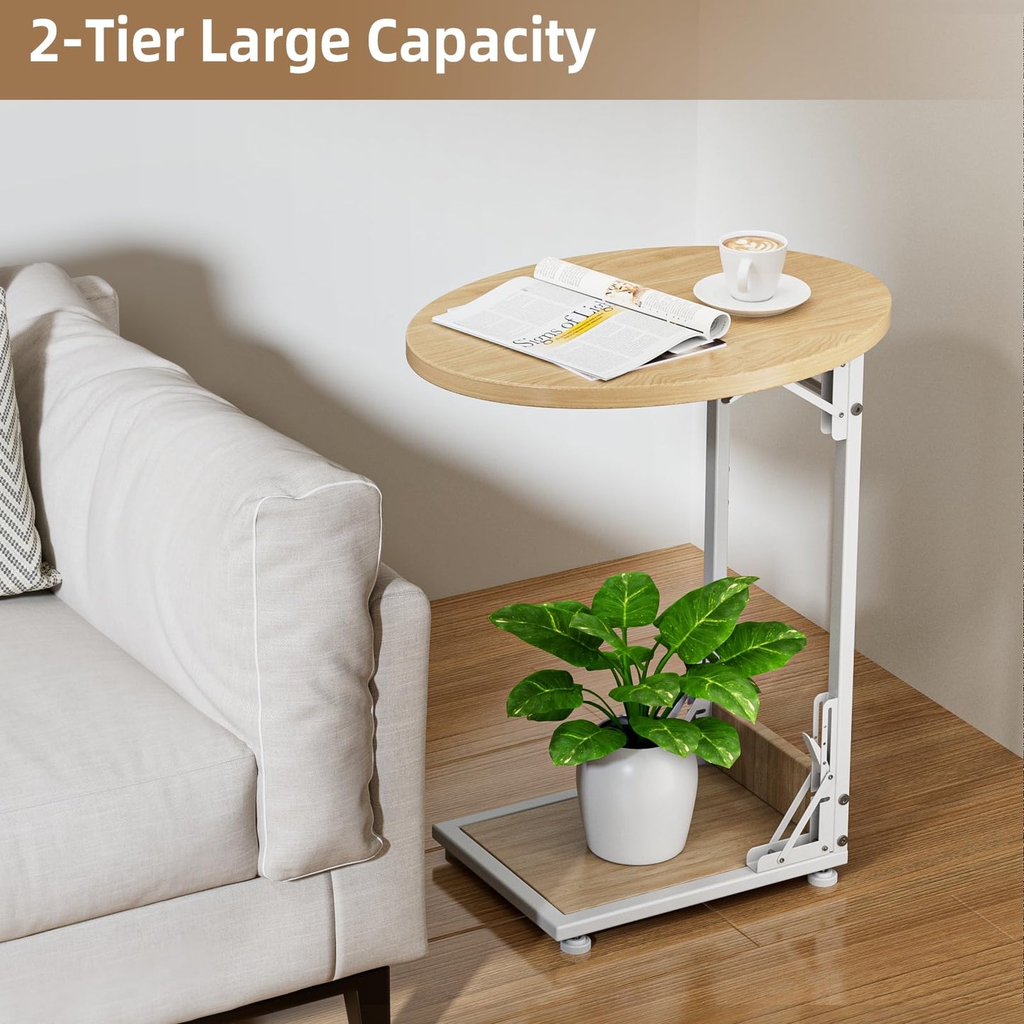 Mutool C Shaped Side Table, Foldable Round Sofa Table with Metal Frame, Small Coffee Table for Living Room Bedroom Office, Light Walnut