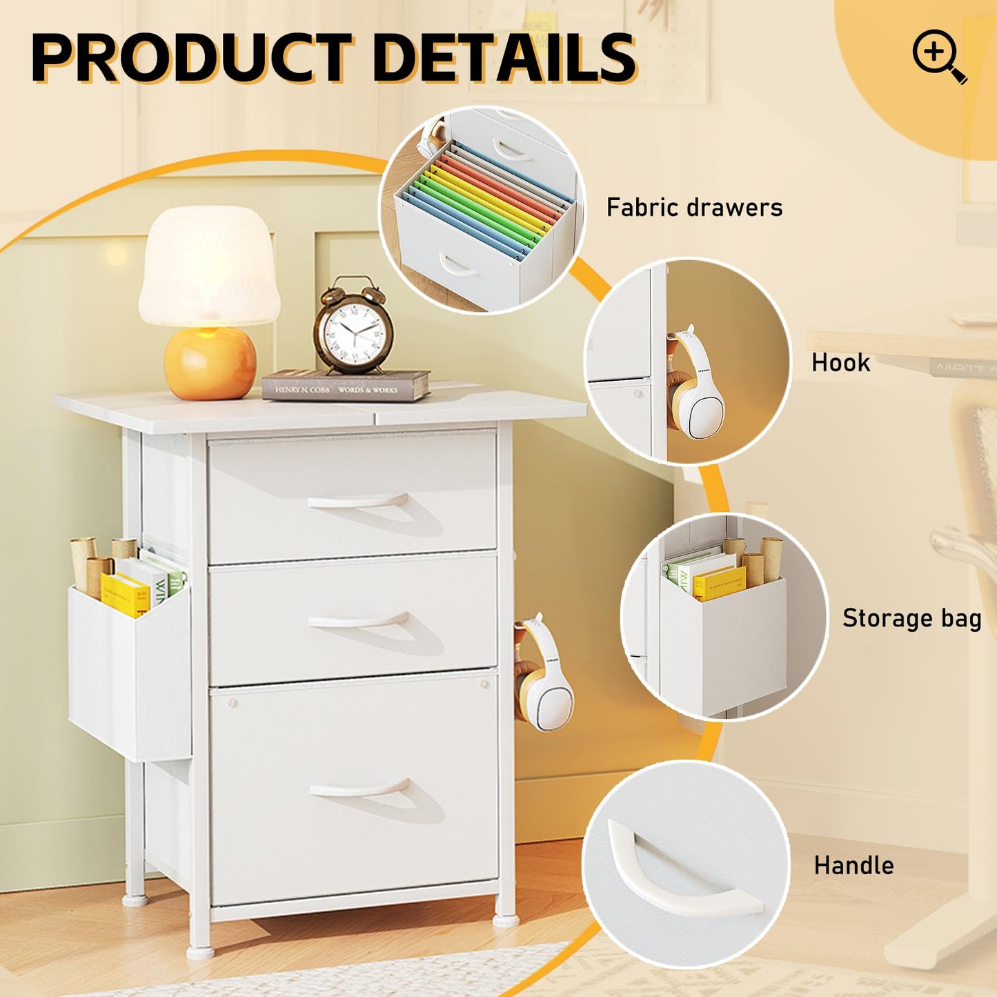 CAIYUN Filing Cabinet with 3 Fabric Drawers, Mobile File Cabinet on Wheels & Adjustable Feet, Rolling Under Desk Cabinet