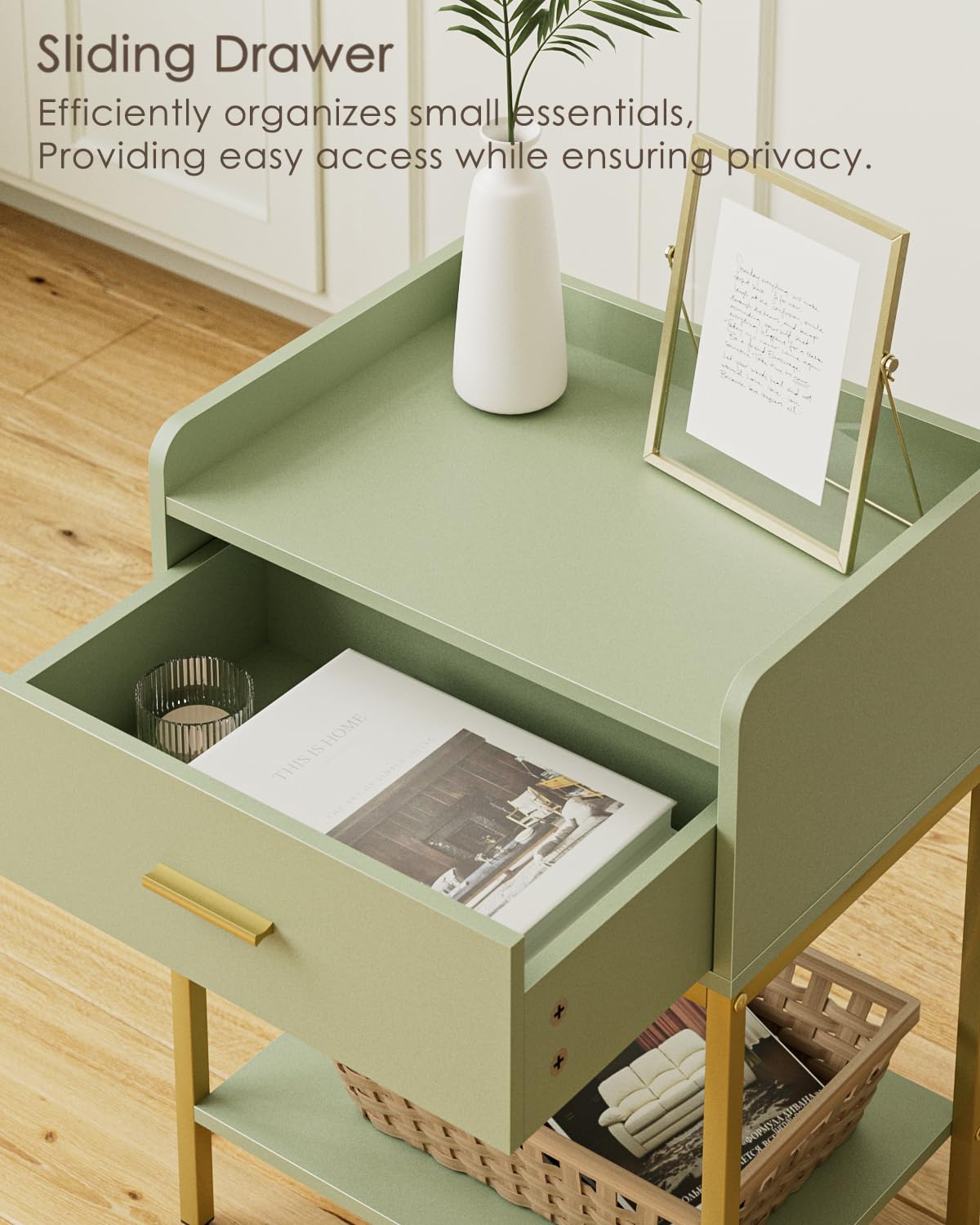 HEYZOEY Bedside Table, 3-tier Modern Bedside Table with Storage Drawer and Shelf, Small Side Table for Bedroom, Living Room, Green