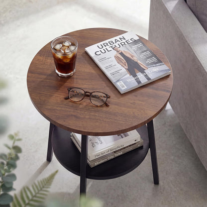 Small Round Side Table, 2-Tier Coffee Table with Storage Shelf