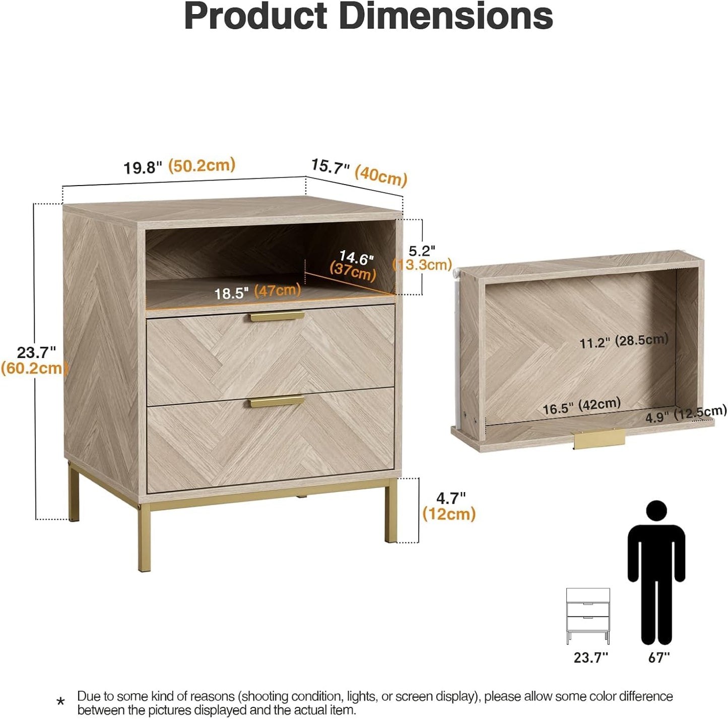 Yvsevnr Modern Bedside Tabls with Drawers Wood Bed Side Table for Bedroom Living Room Office Herringbone Small Chest of Drawers with Open Compartment
