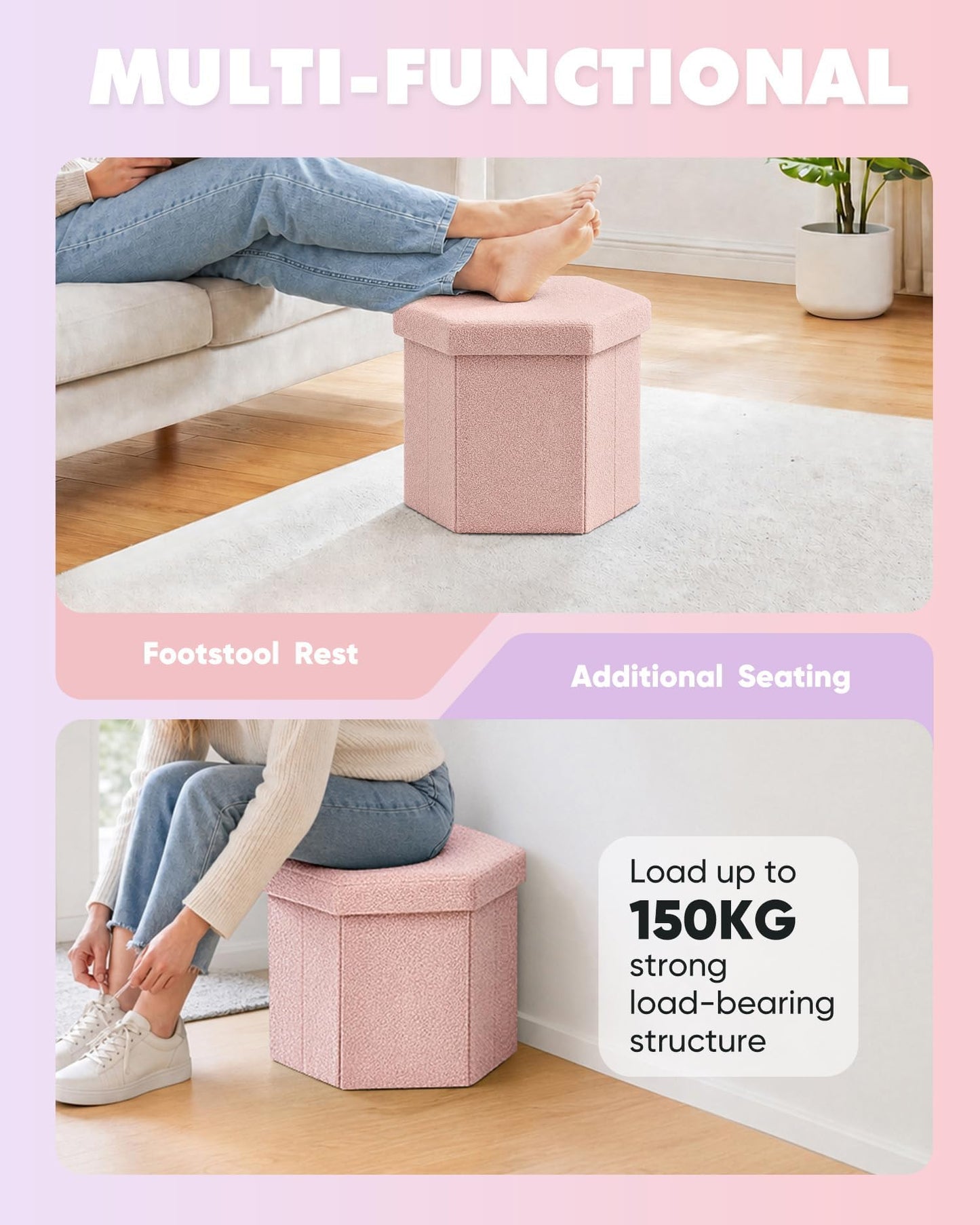 Bonlife Folding Storage Ottoman Hexagonal, Footrest with Toy Ches Box, 43cm