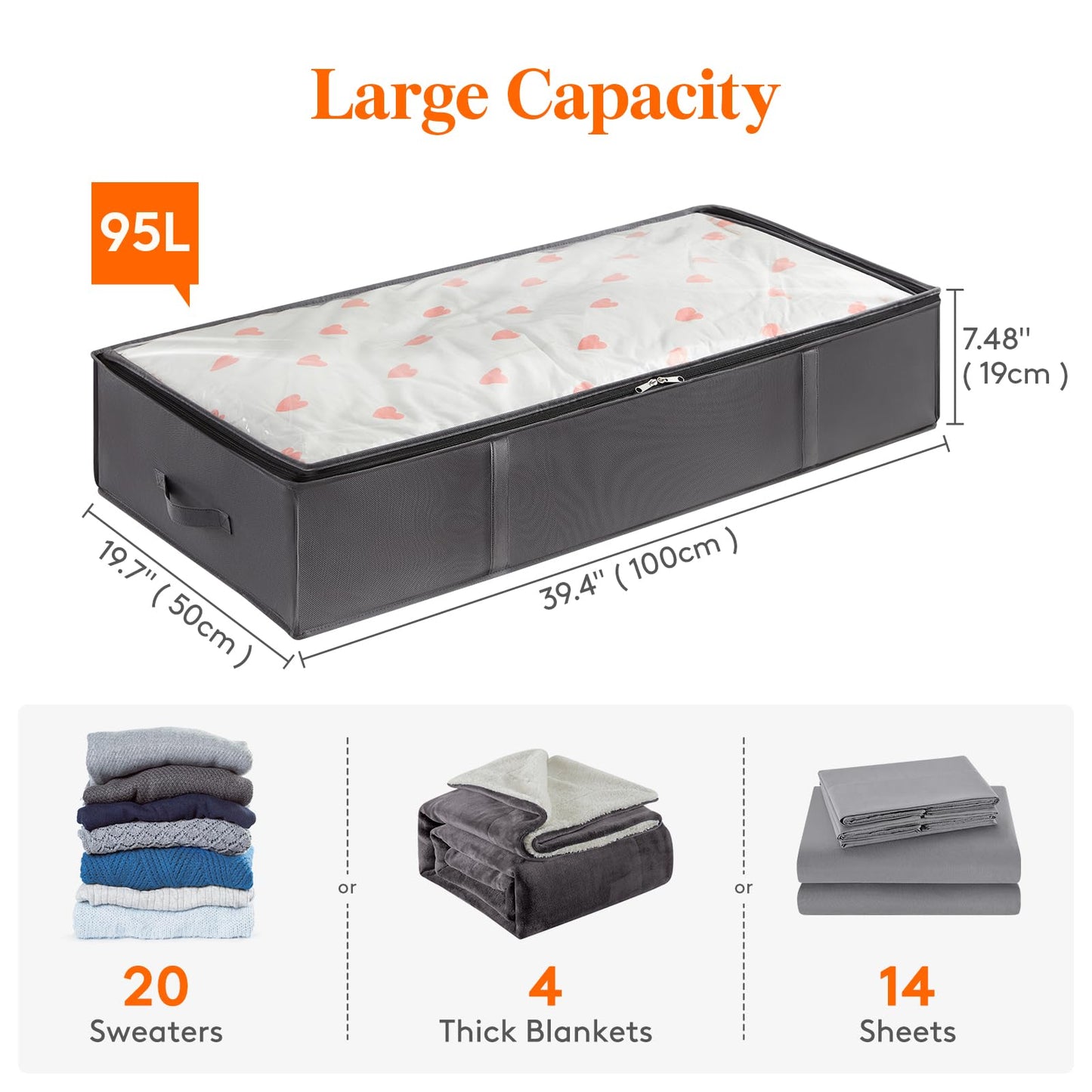 Lifewit 3 Pack 95L Under Bed Storage, Underbed Storage Boxes with lid Clothes Storage Bag Wardrobe Storage Organiser with Reinforced Handle