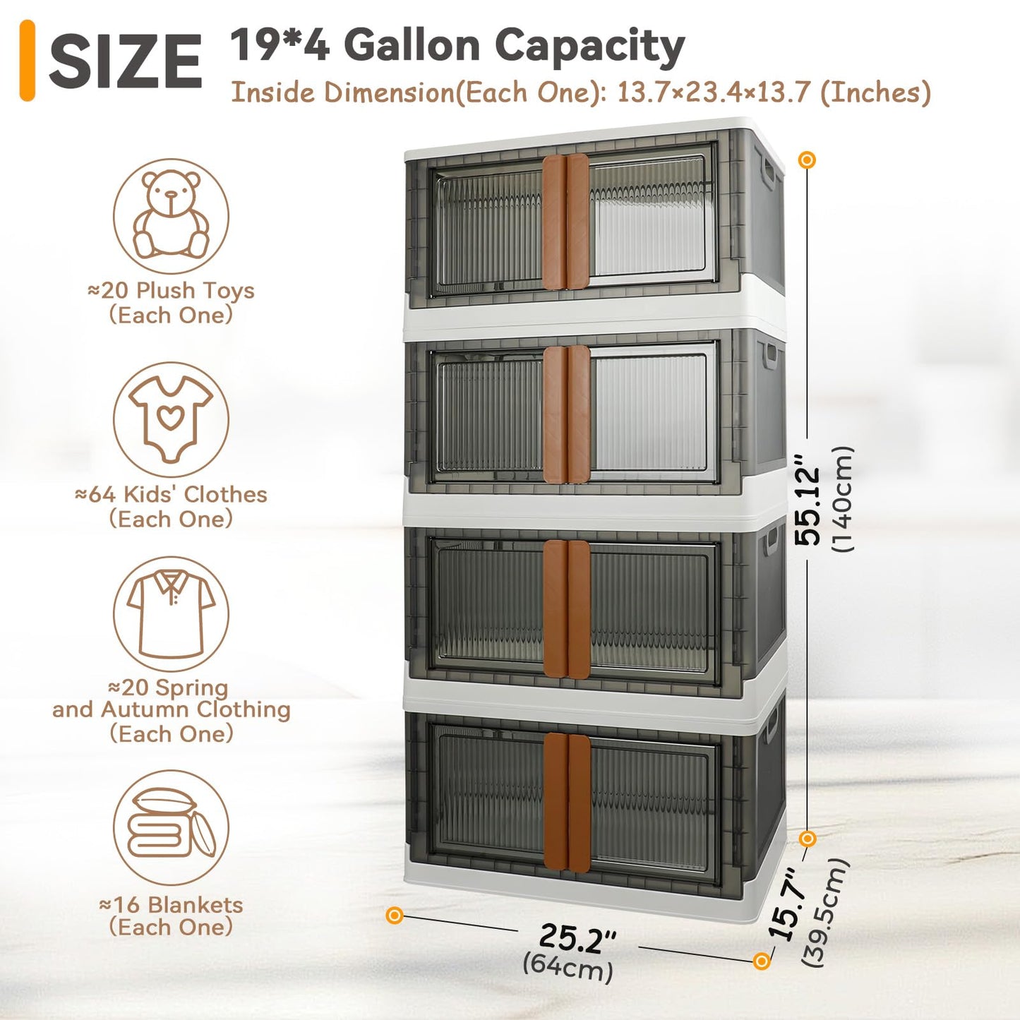 AssHMKIT Storage Cabinet, Extra Large Bin with Lids, 19 Gallon(72L) Each One, 4 Packs, Useful Box with Door and Buckles, Foldable, Transparent