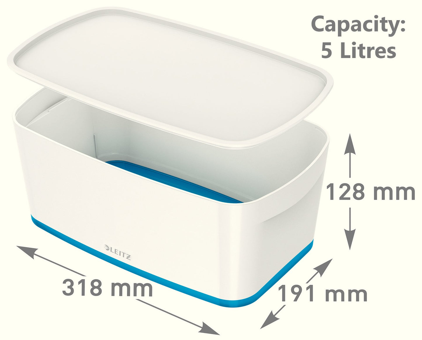Leitz A5 MyBox Small with Lid, Storage Box for Home and Office, 5 L, High Gloss, Plastic, White/Blue Metallic
