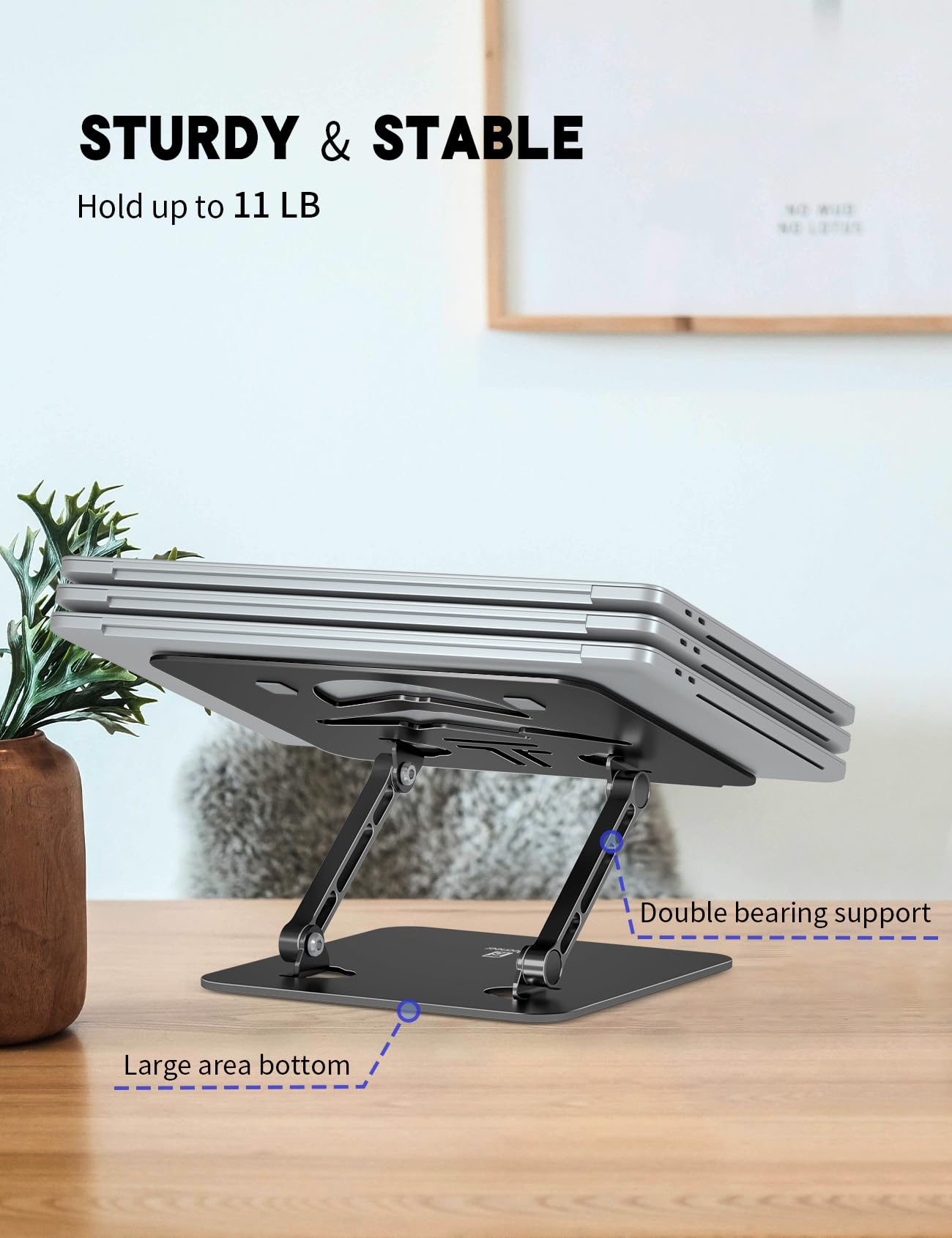 Tobeoneer Aluminum Adjustable Laptop Stand for Desk,Foldable, 10-16",Black
