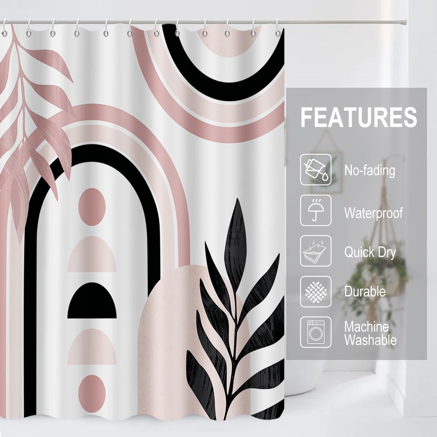 GCIREC Shower Curtain, 180x200cm, Pink White Mid Century Modern Abstract Art Boho Geometric Waterproof Fabric Machine Washable Bathroom Curtain with