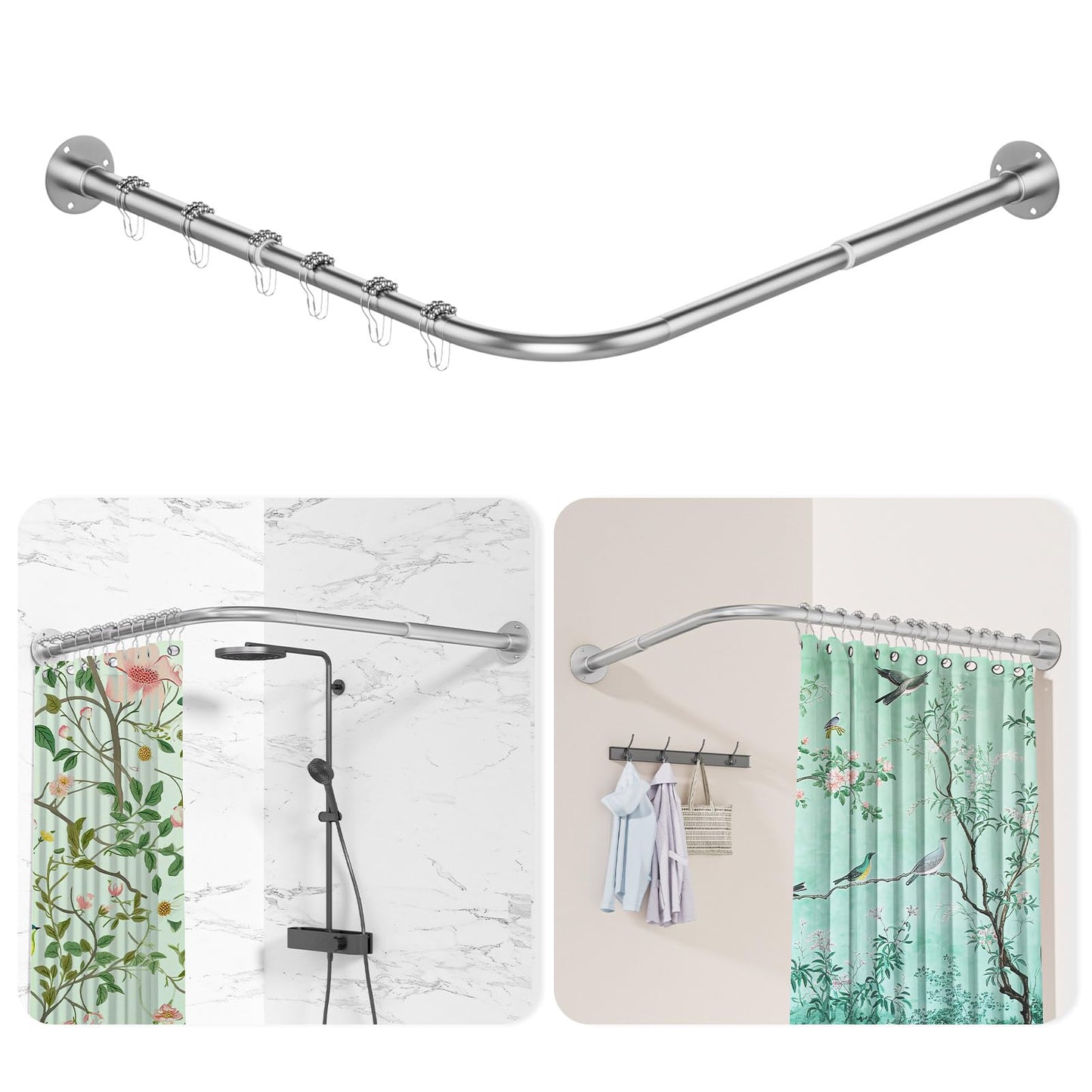 L Shaped Shower Curtain Rail, [60-133cm] x [60-133cm] Adjustable Corner Shower Curtain Pole, Wall Mounted Curved Shower Rail With 12 Rings & Ceiling